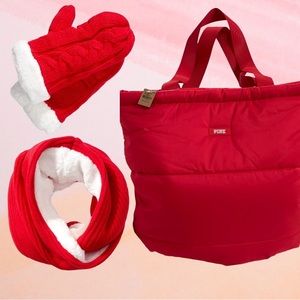 NEW VS PINK PUFFER TOTE, SCARF AND MITTEN BUNDLE